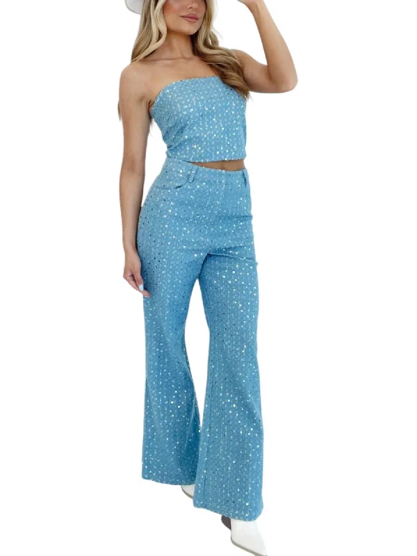 High Waisted Wide Reg Sequin Pants In Light Blue