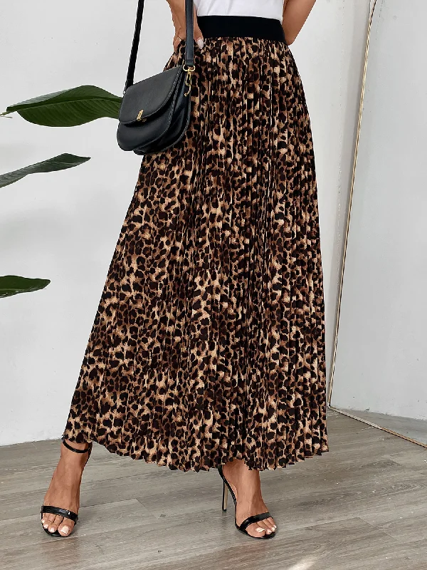 Pleated Leopard Elastic Waist Midi A-Line Casual Skirt