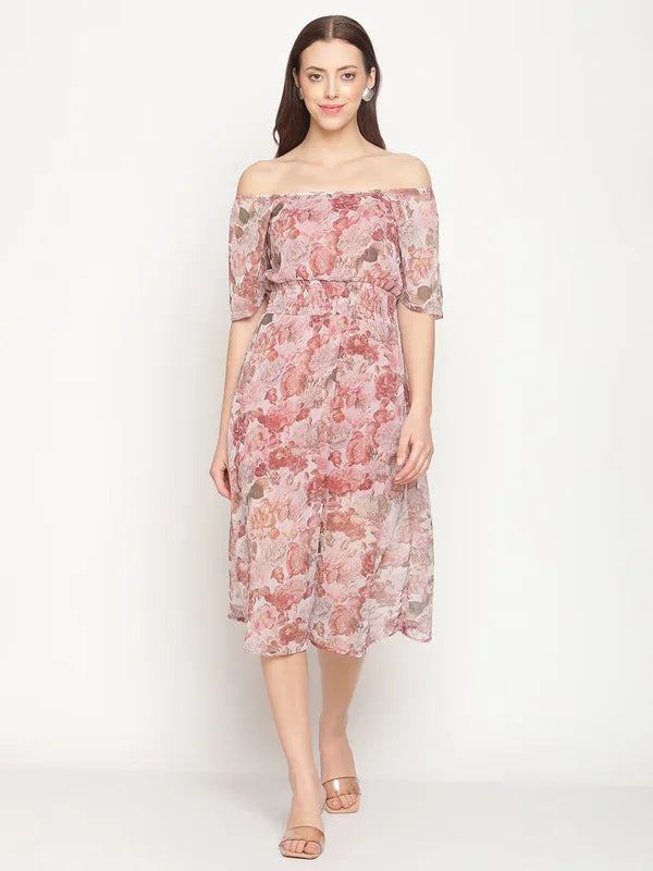 Mettle Pink  White Floral Off-Shoulder Cotton Midi Dress