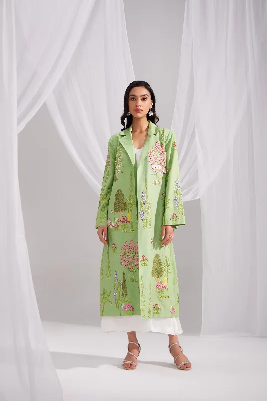 Pearl White Silk Dress & Green Linen Enchanted Garden Long Jacket Set