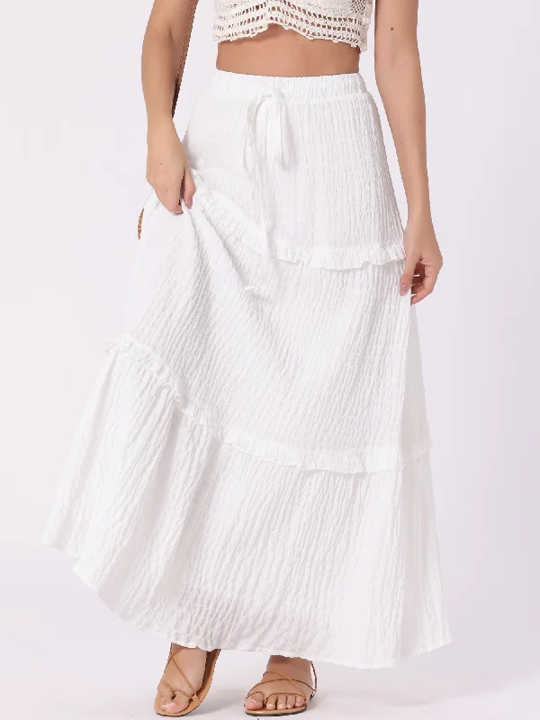 Tiered Belt Ruffle Lattice Texture Casual A-Line Maxi Skirt