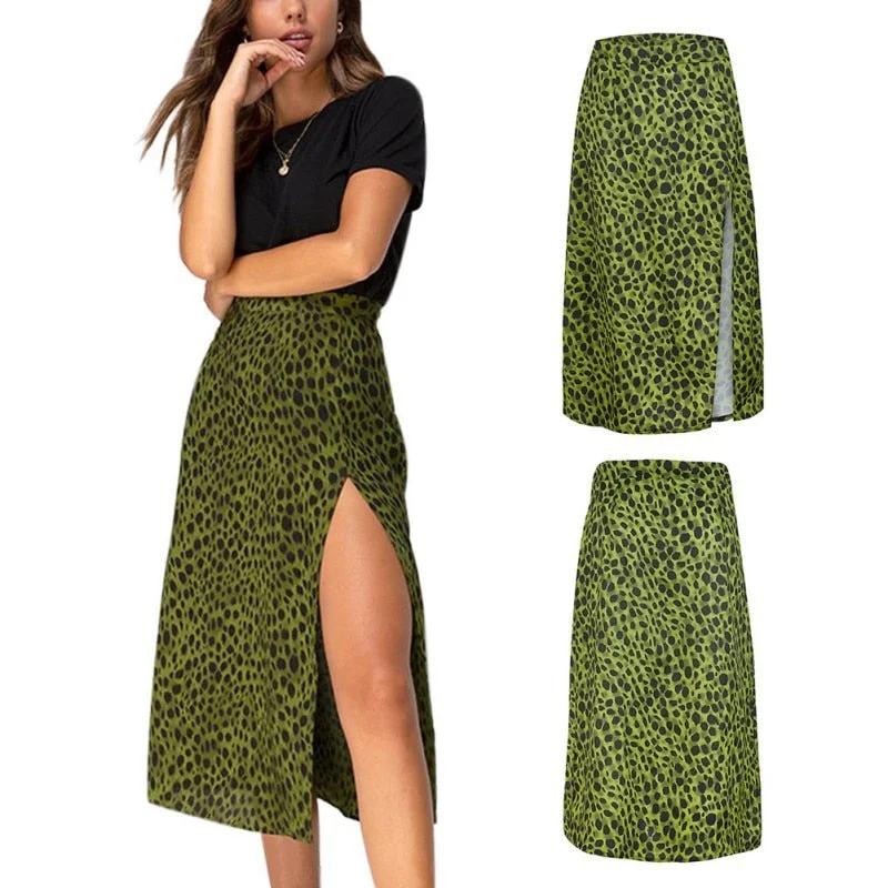 faldas mujer moda Women Summer Skirt Army Green Leopard Print Over The Knee Lace-Up Print High Waist Long Thin Split Skirt