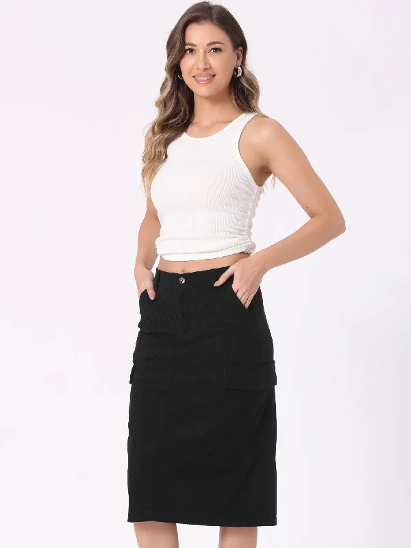 High Waisted Elastic Back Corduroy Midi Cargo Skirt