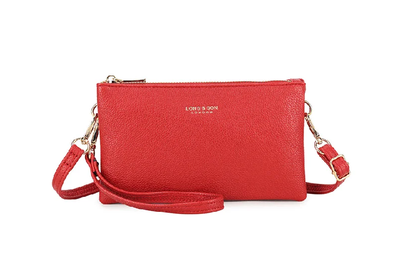 SMALL MULTI-POCKET CROSSBODY PURSE BAG WITH WRIST AND LONG STRAPS - RED