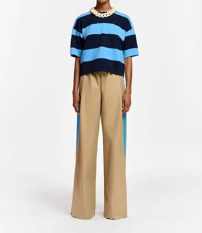 Beigh Wide-Leg Pants With Blue Stripe In Khaki And Blue