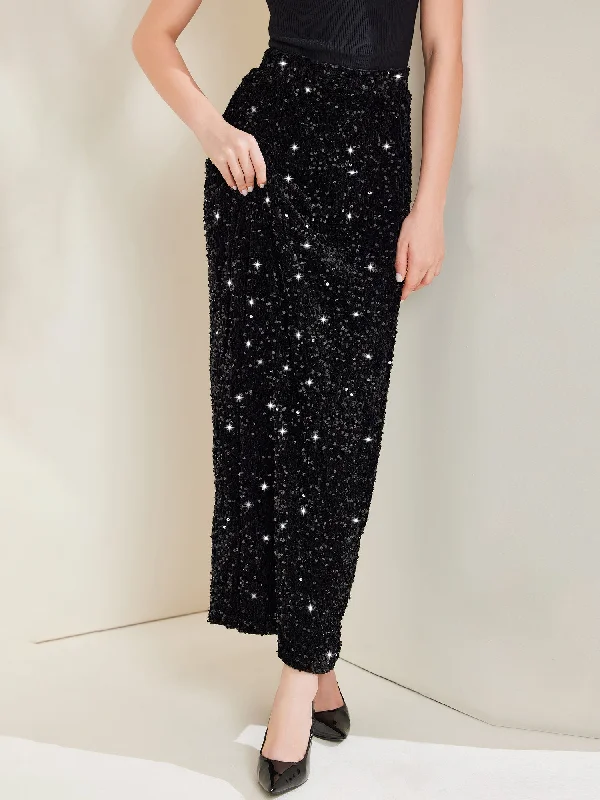 Sequin Velvet Elastic Waist Sparkle Party Maxi Skirt