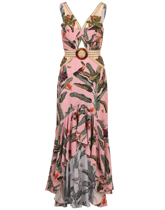 Tropical Print Belted Midi Dress