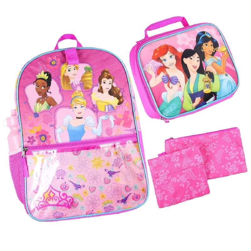 Disney Princess 16” Backpack for Girls 5 Piece School Lunch Box Set