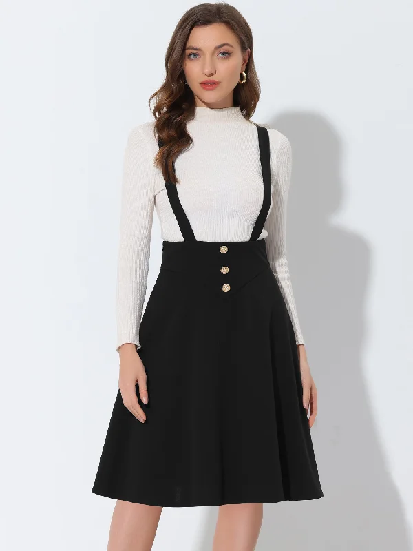 High Waist Solid Button Decor Flared Midi Overall Suspender Skirt