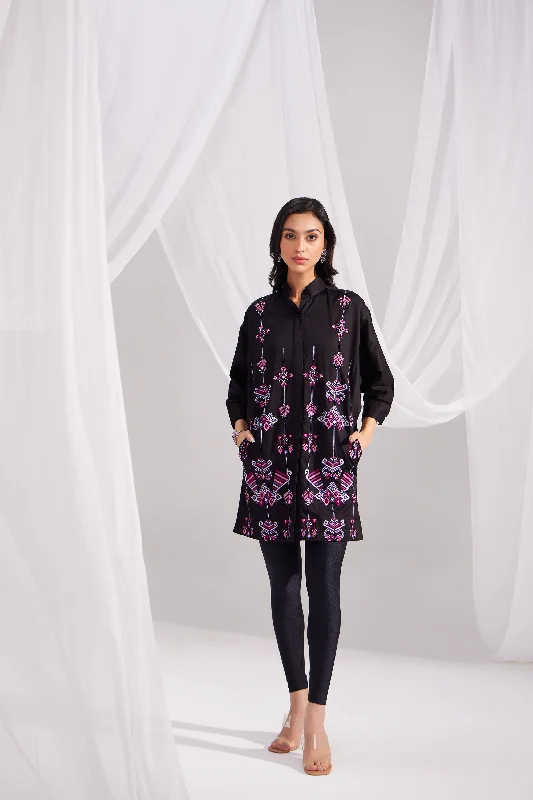 Black Cotton Embroidered Ornamental Shirt Dress