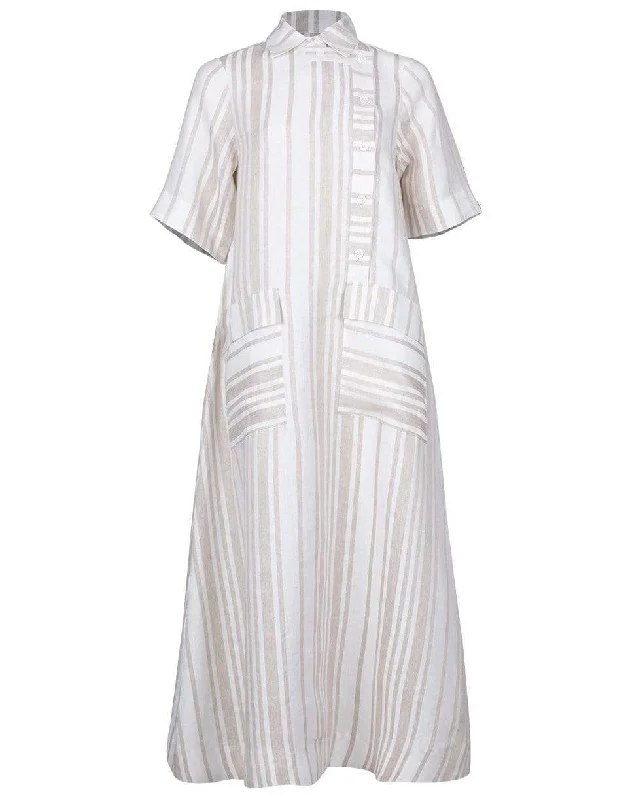 Asymmetrical Closure Linen Shirt Dress - Taupe Stripe