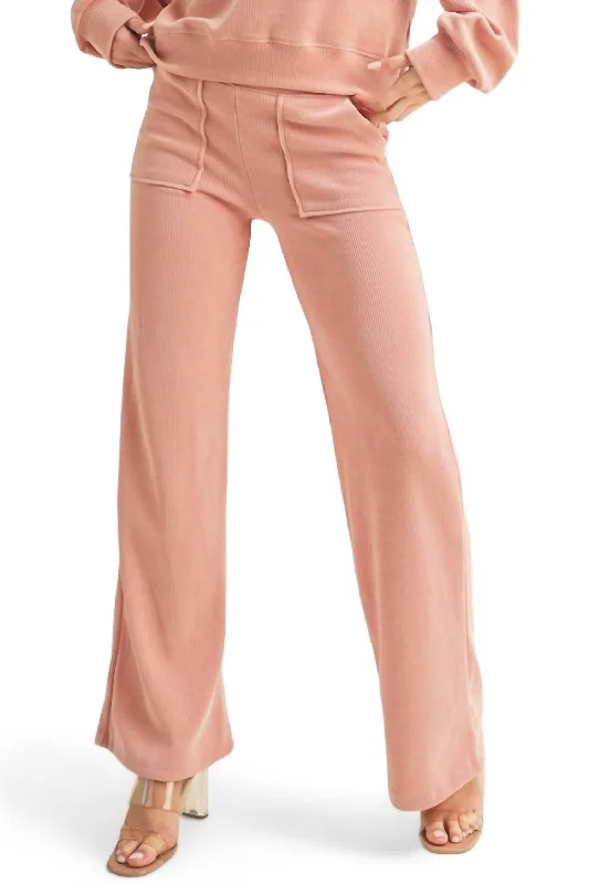 Wide Leg Ribbed Pants In Dusty Rose