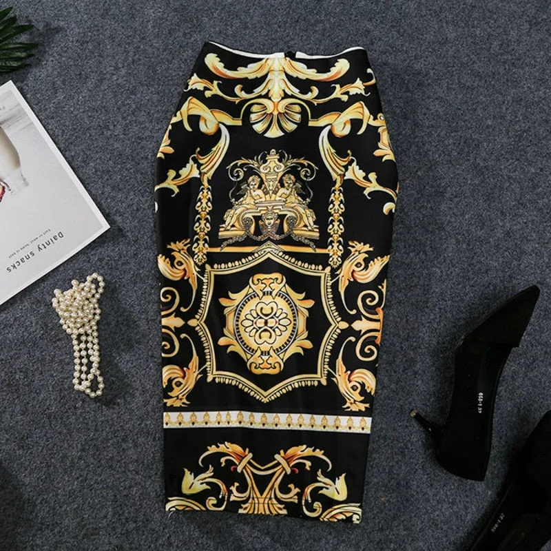 2019 New-Coming European Women Autumn Print Pencil Skirt High Stretch Abstract Pattern Midi Slip Hip Skirt Female