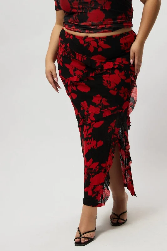 Red Abstract Stretch Frill Printed Maxi Skirt