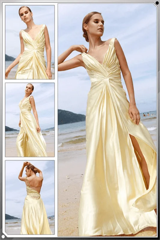 A-Line V-Neck Floor Length Sleeveless Evening Dresses Formal Dresses