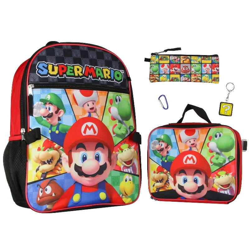 Super Mario Bowser Yoshi Luigi 5PC Kids Lunch Box And Backpack Set - One Size Fits Most