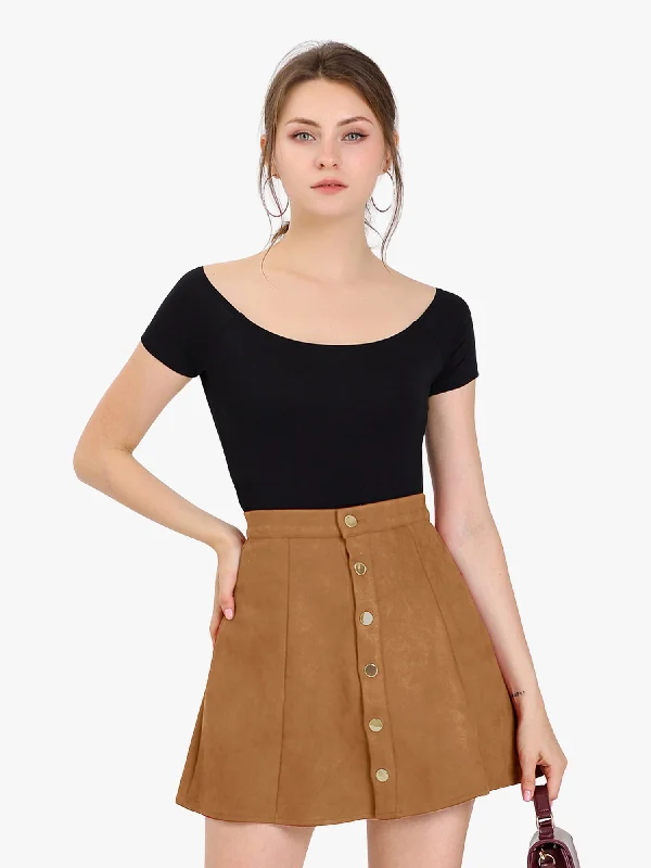 Faux Suede Button Closure A-Line High Waisted Short Skirt