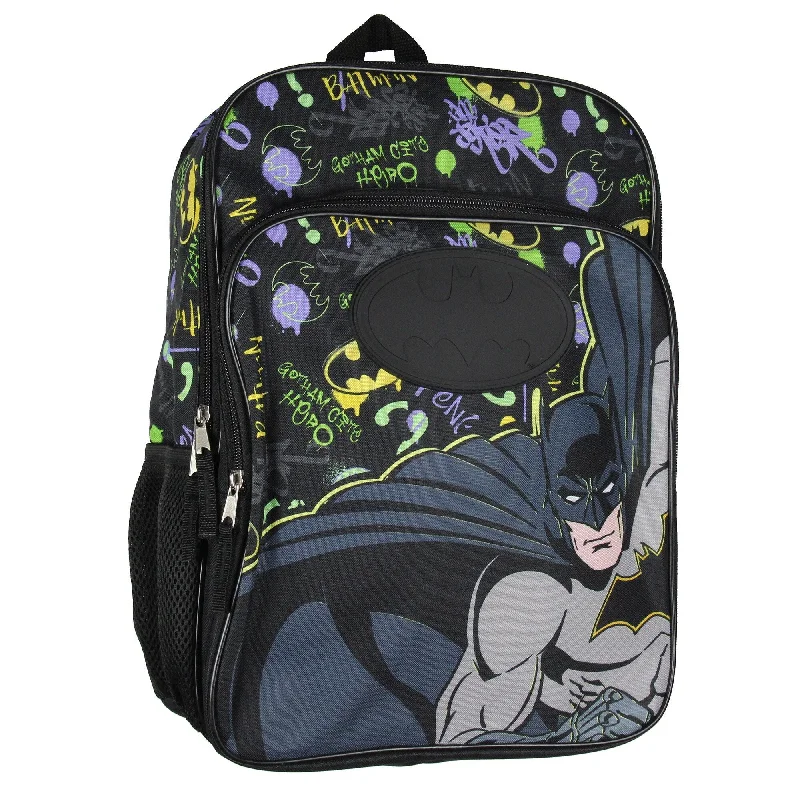 DC Comics Batman Backpack Gotham City Superhero Rubber Bat Symbol Kids School Travel Backpack - One Size