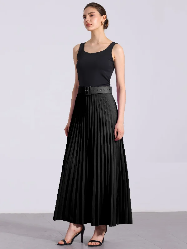 Flowy Pleated Elastic High Waist Belted Swing A-line Maxi Skirt