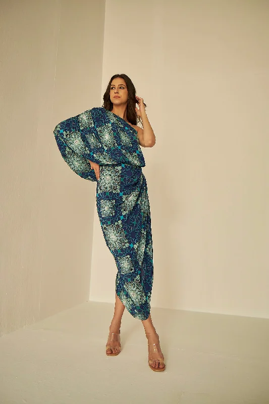 Blue- Tashkent Print Drape Dress