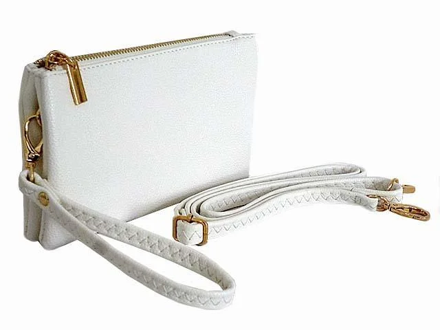 SMALL MULTI-POCKET CROSSBODY PURSE BAG WITH WRIST AND LONG STRAPS - WHITE