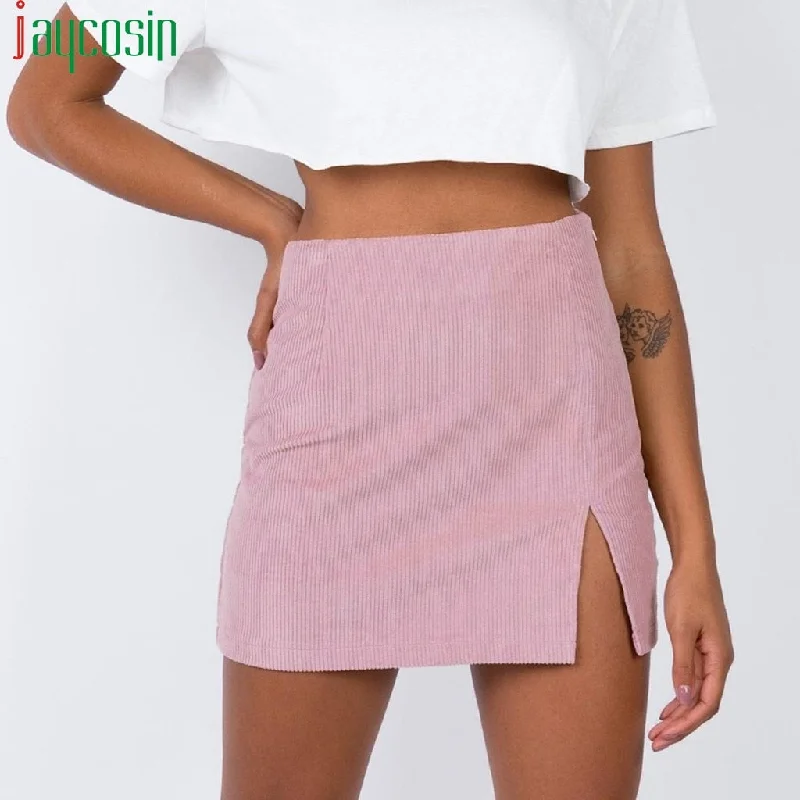 Women's corduroy mini skirt slit zipper solid color high waist Female Bodycon skirt casual Ladies plus size Pencil skirt