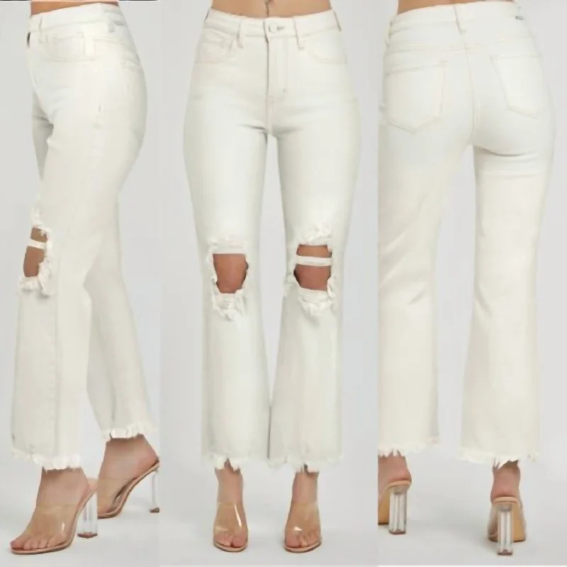 Knee Distressed Straight Leg Hi-Rise Jeans In Cream