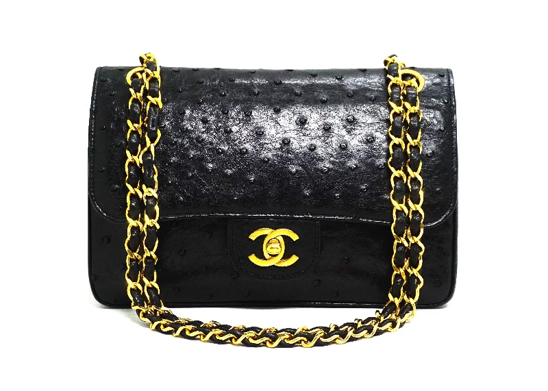 Chanel Vintage Rare Black Ostrich Small Classic Double Flap