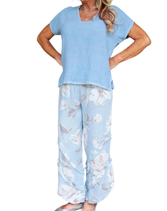 Floral Linen Pants With Ruffle Detailed Leg In Dusty Blue