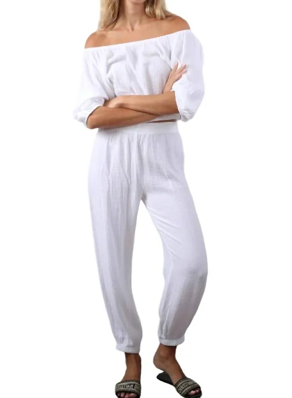 Gauze Beach Pants With Gathered Ankle In White