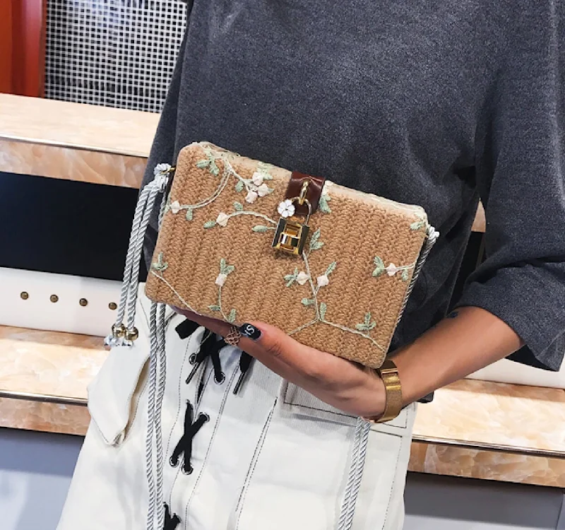 Floral Straw Box Clutch Shoulder Bag