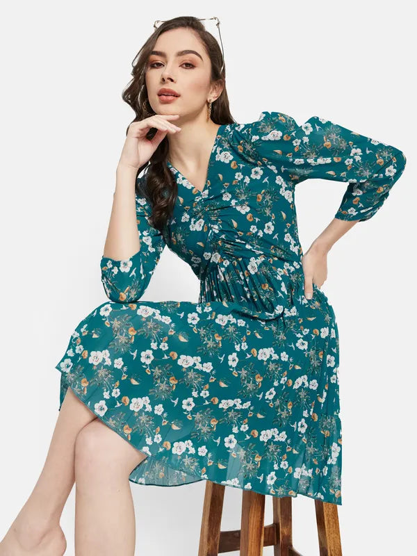 Floral Printed Puff Sleeve Flare Dress