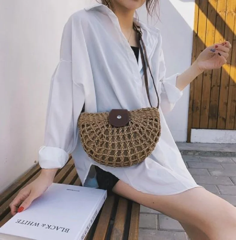 Half Moon Straw Crossbody Bag