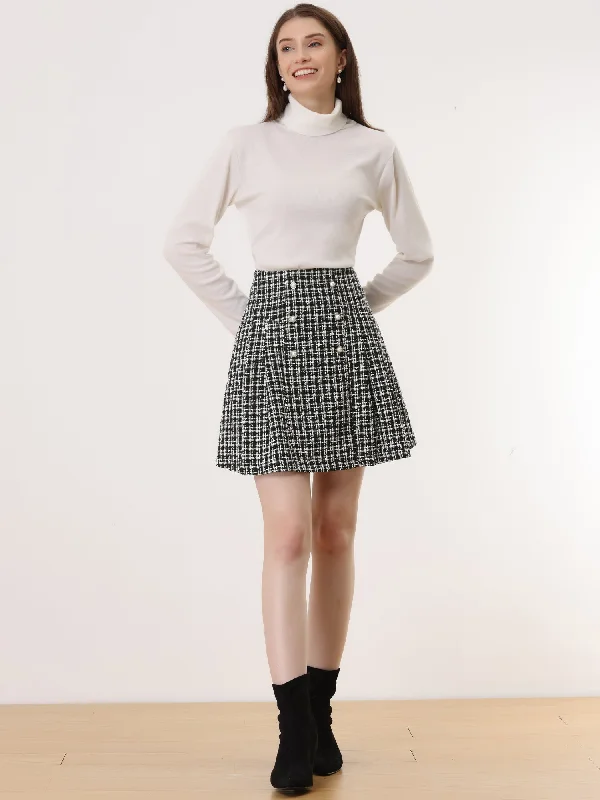 High Waist A-Line Button Front Plaid Tweed Mini Skirt