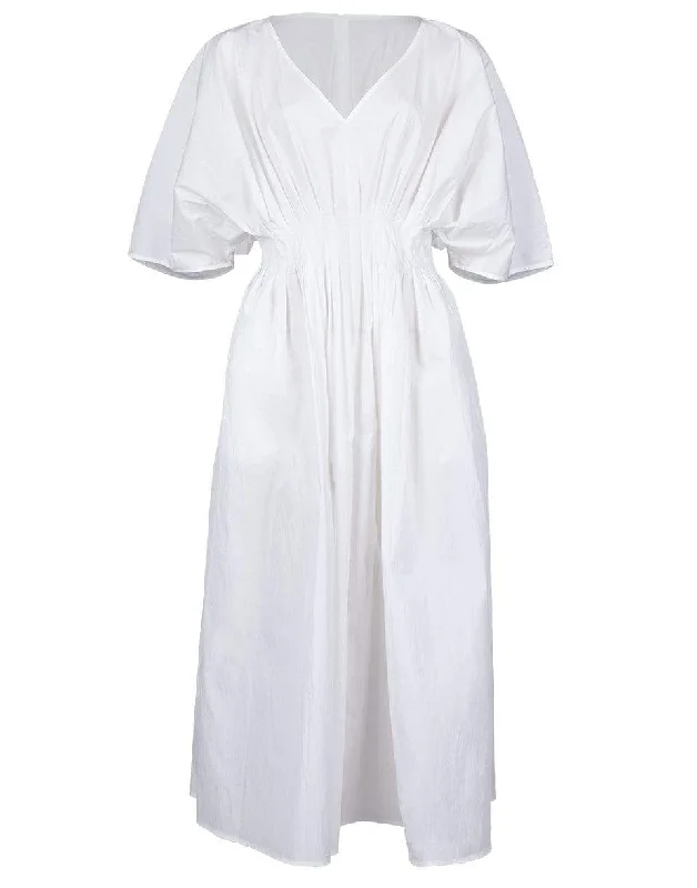 Cotton Tucked Waist V Neck Dress - White