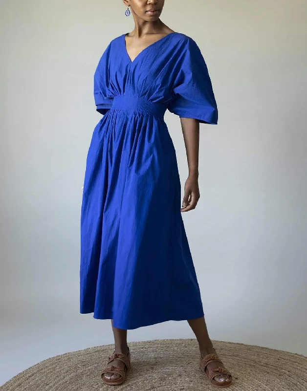 Cotton Tucked Waist V Neck Dress - Cobalt