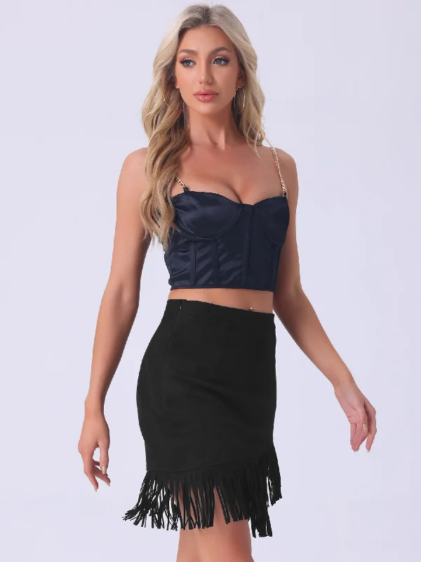 Faux Suede Stretch Fringe Trim High Waist Mini Skirt