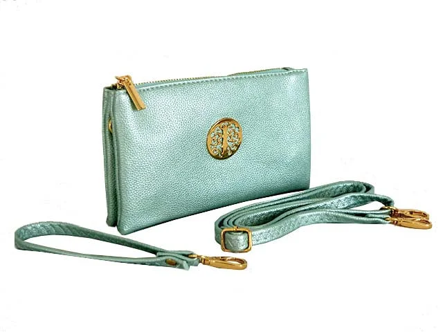 SMALL MULTI-COMPARTMENT CROSS-BODY PURSE BAG WITH WRIST AND LONG STRAPS - METALLIC BLUE