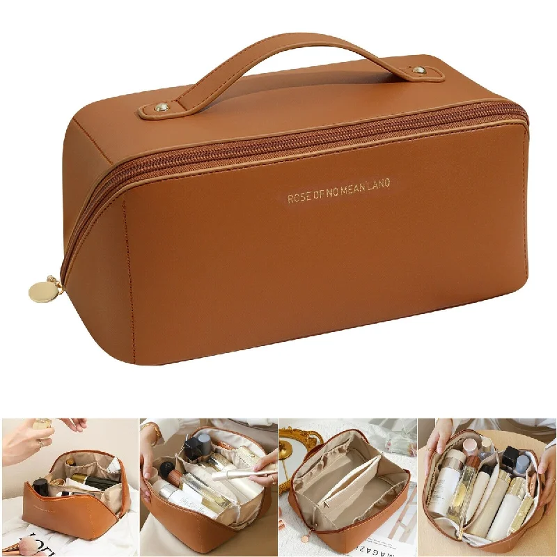 Large Capacity Travel Cosmetic Bag with Brush Slots and Dividers