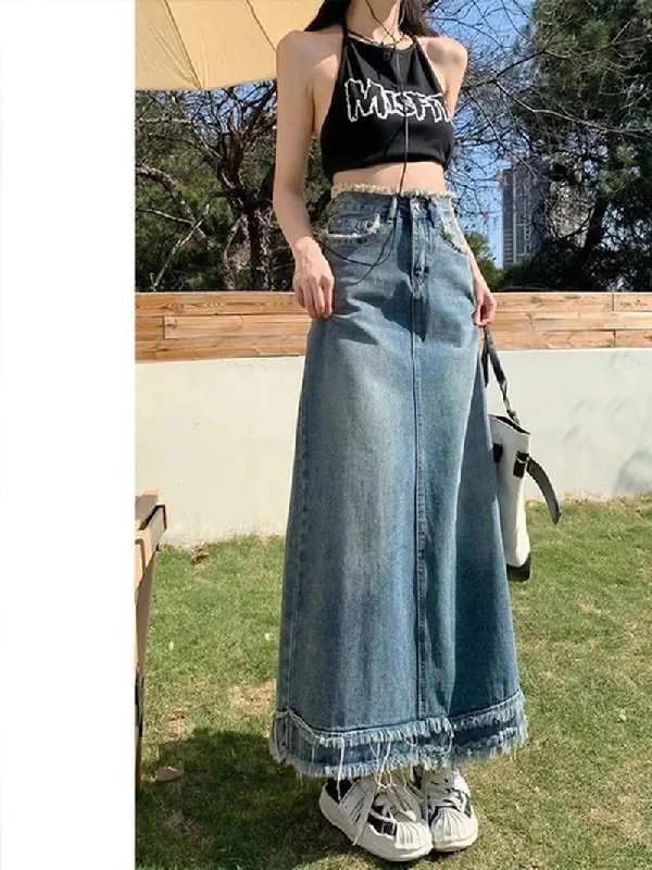 Tassel High-Waisted Denim A-Line Skirt