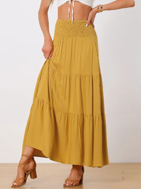 Summer Maxi Casual Elastic High Waist Tiered Boho Long Skirt