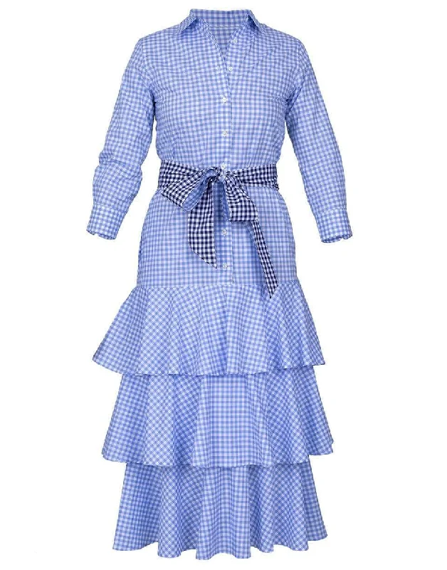 Mynaxa Blue Checkered Belted Dress