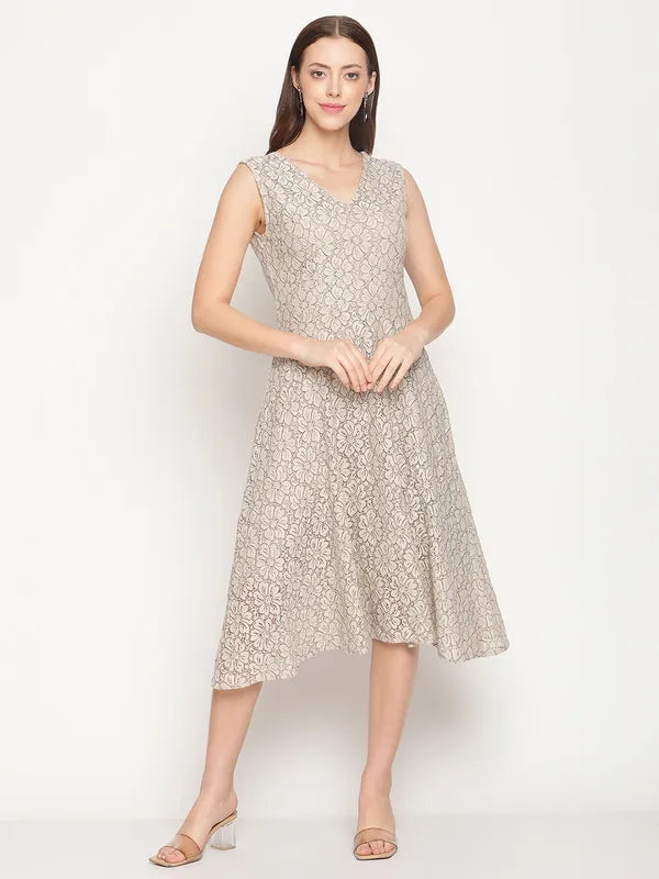 Mettle Beige Floral A-Line Cotton Midi Dress