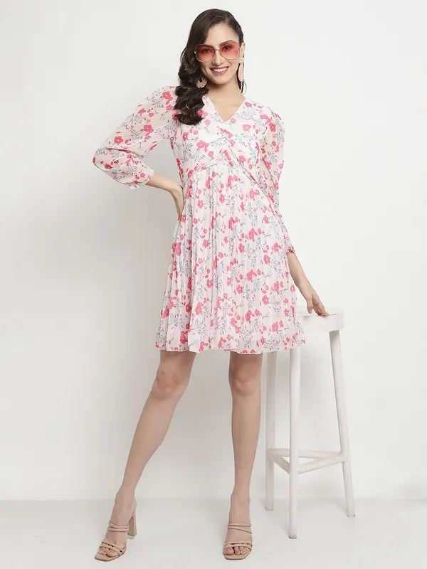 Mettle Floral Printed Puff Sleeve Fit Flare Dress