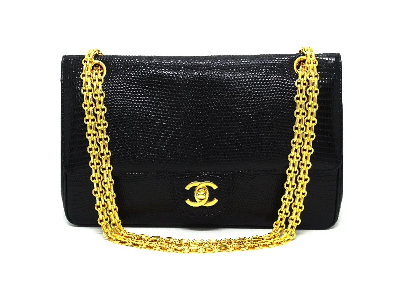 Chanel Vintage Rare Black Lizard Medium Classic Double Flap