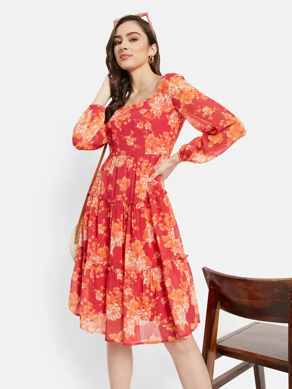 Square Neck Floral Print Three Tier Dress