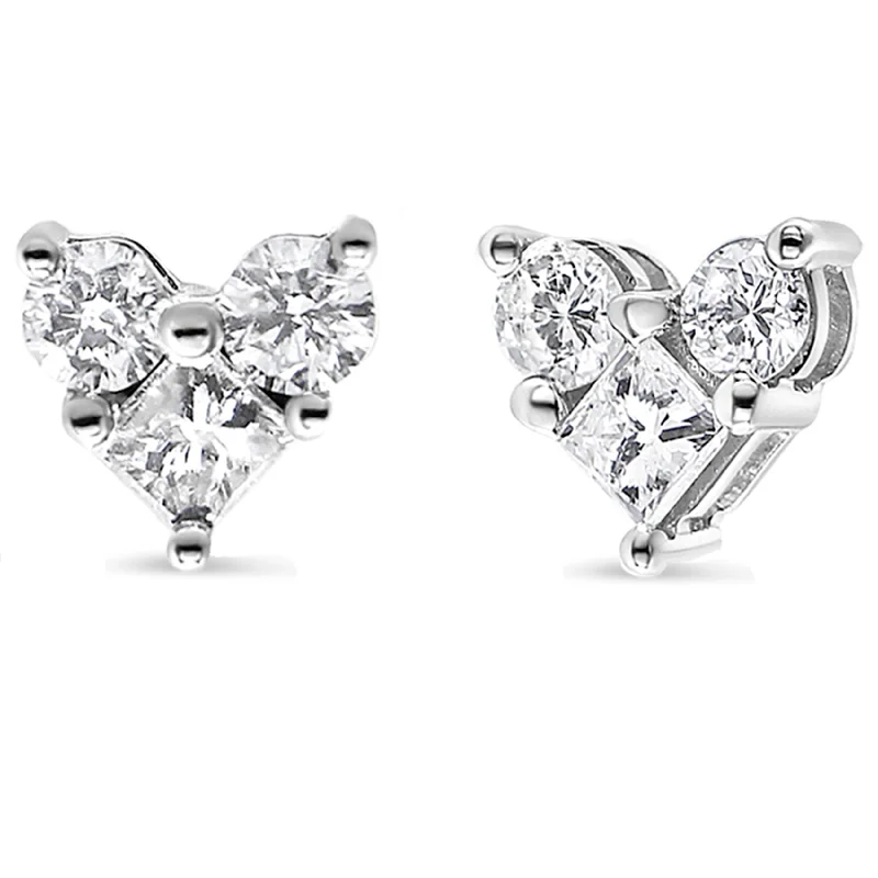 10K White Gold Diamond 3 Stone Trio Heart Stud Earring