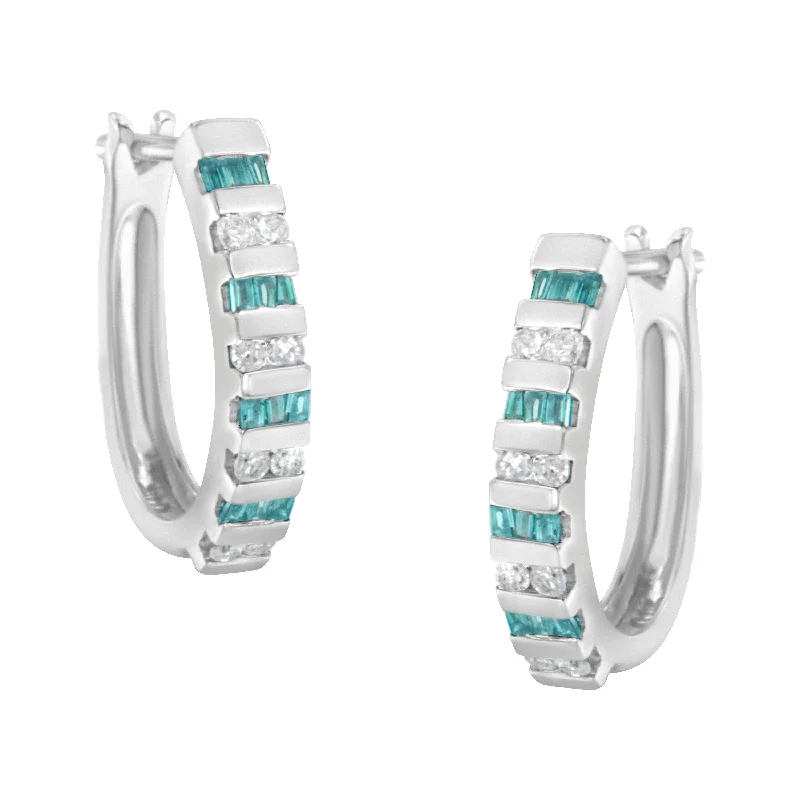 10k White Gold Round and Blue Baguette 1/2 cttw Diamond Hoop Earrings