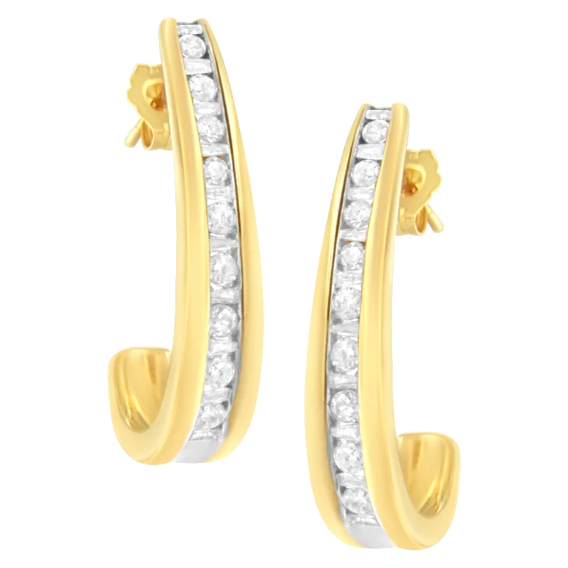 10K Yellow Gold 1 cttw Channel Set Diamond J-Hoop Earrings