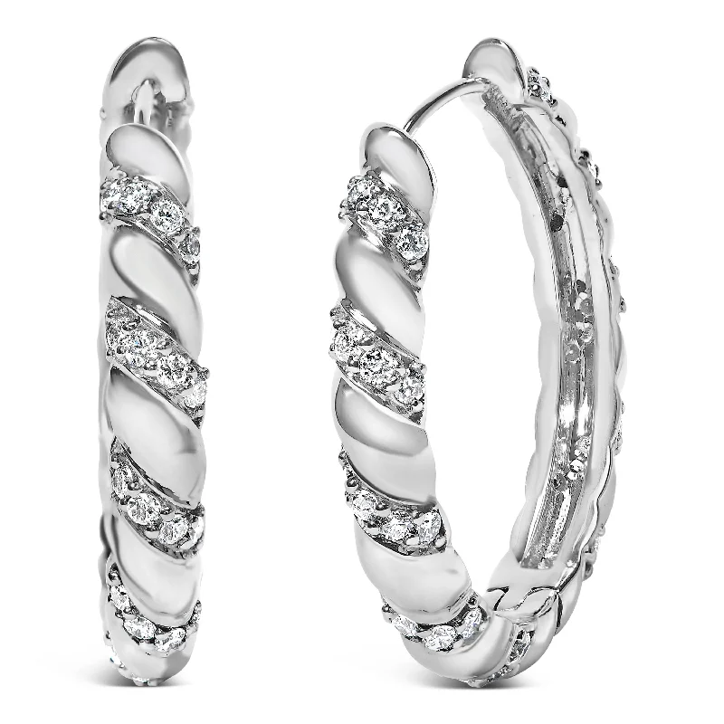 14K White Gold 1 1/5 Cttw Lab Grown Diamond Swirl Design 1" Inch Hoop Earrings